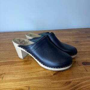 Maguba Sweden Navy Blue Leather Mule Clogs Wooden Heel Size 42
